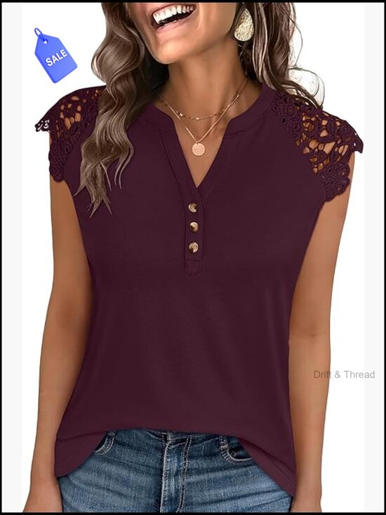 Tops - Sleeveless Lace Henley Top with Button Down Front for Office Travel